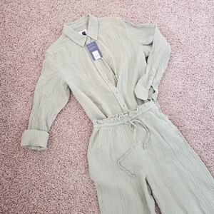 2 Pieces Gauze Collared Button-Down Shirt & Pants Universal Thread Olive Green